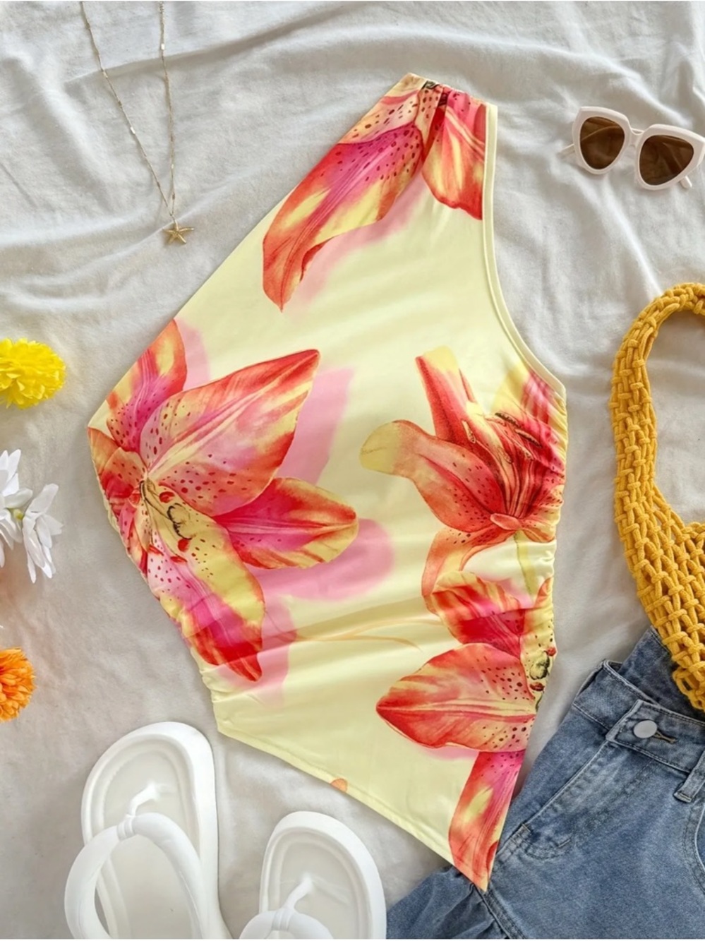 Women size Medium Floral Print One-Shoulder Asymmetrical
Tank Top Sleeveless Rib
